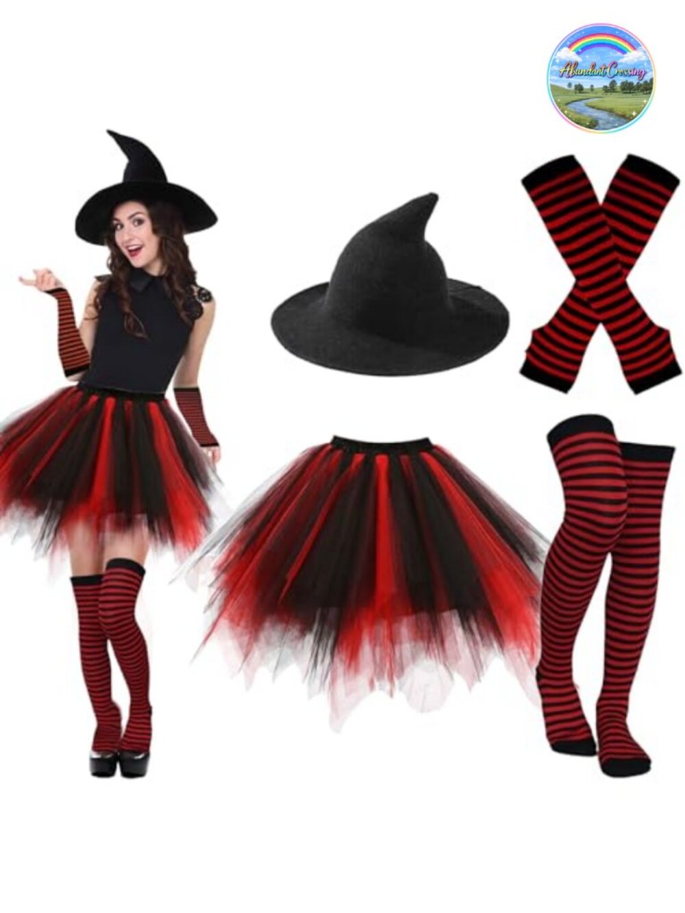 Witch Costume Accessory Set Tutu Skirt Hat Socks Arm Warmers Halloween Cosplay
